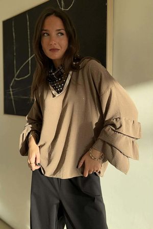 Stella Micro Stud Ruffle Blouse Mocha